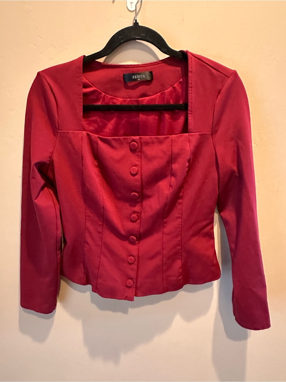 Zesica Womens M Burgundy Red Square Neck Button Up Fitted Long Sleeve Top